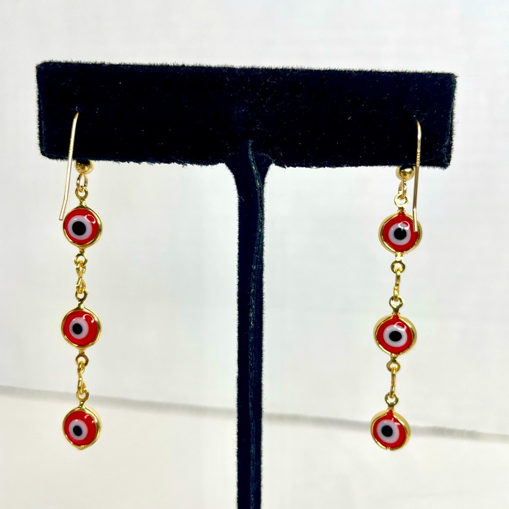 14k Ear wire Evil Eye Gold, Black & Red 2” Dangle. Dainty Mascot colors